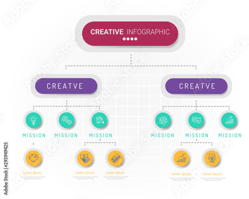 Business hierarchy organogram chart infographics. Corporate organizational structure graphic elements. Company organization branches template. Modern vector info graphic tree layout design.