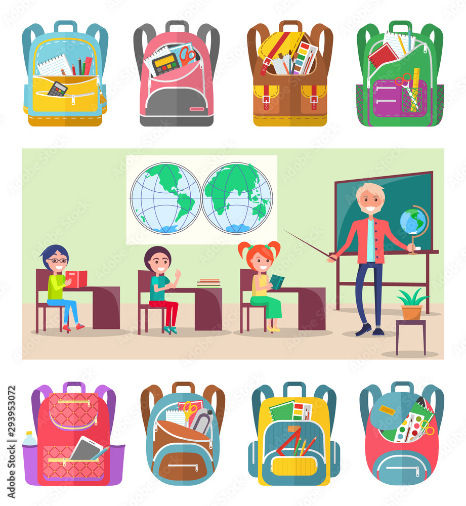 Naklejka premium Children sitting on geography lesson at school. Teacher explainind educational material to pupils using globe and hemispheres map vector. Sey of backpaks. Back to school concept. Flat cartoon