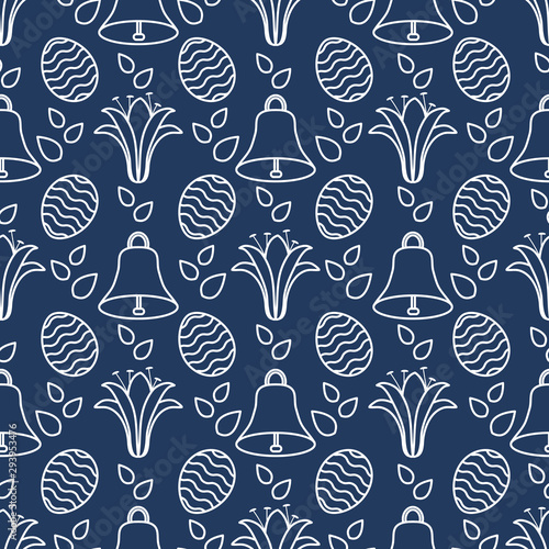 Seamless pattern with bell, lily, egg Happy Easter