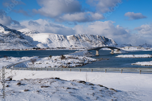 Beautiful landscape from The Fredvang bridges in winter season, Lofoten islands, Norway