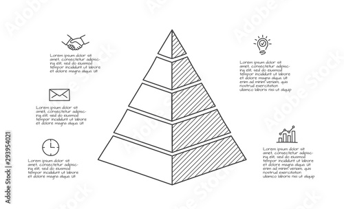Doodle infographic pyramid with 5 options. Hand drawn icons. Thin line illustration.
