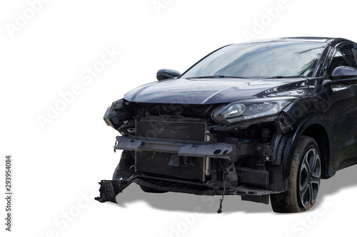 Front of black color car damaged and broken by accident . Isolate on white background. Save with cliping path