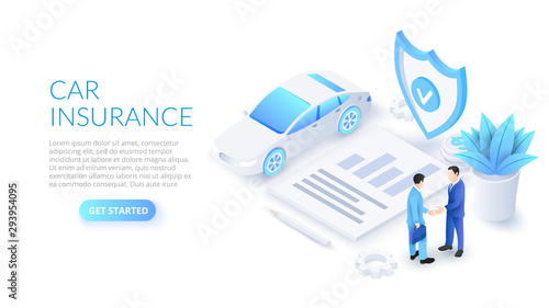 Car insurance design concept with car, shield and contract. Isometric vector illustration. Landing page template for web.