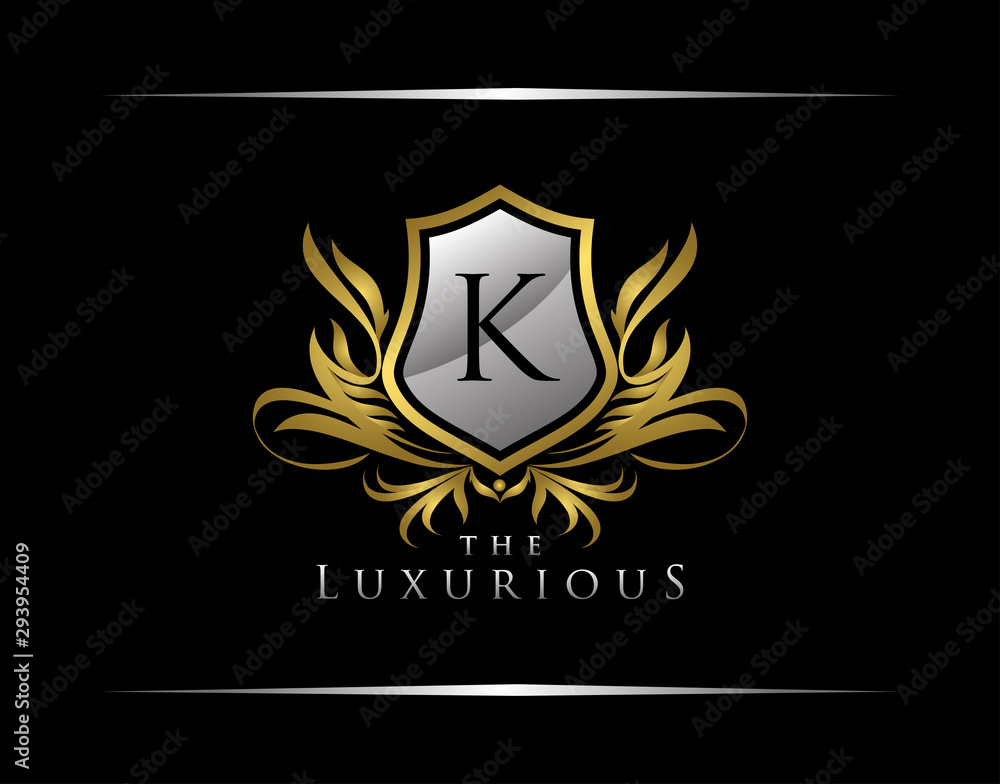 Classy Shield Logo with K Letter in Royal Badge Vector Logo Template Used for hotel, restaurant, boutique, jewellery invitation, business card etc Classy Shield Logo with K Letter in Royal Badge Vector Logo Template Used for hotel, restaurant, boutique, jewellery invitation, business card etc