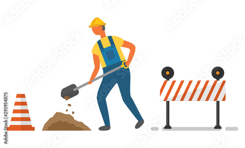 Man character in helmet and shovel digging soil, striped cone and barrier. Roadwork element decoration on white, digger and construction equipment vector
