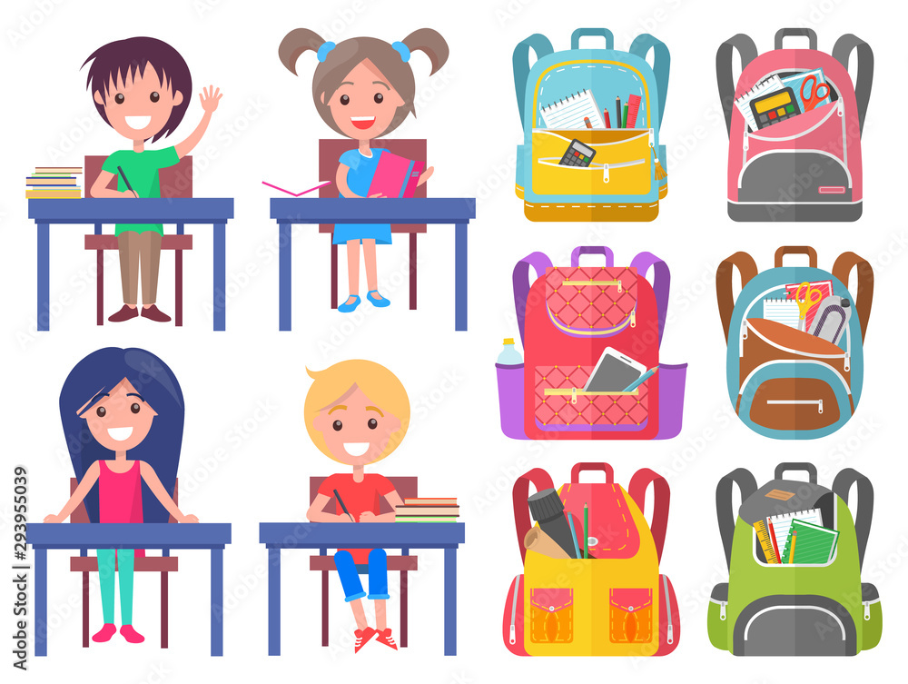 Smiling classmates sitting at desktop with notebook, backpack sticker on white. Girl and boy studying, pen and pencil in school bag, education sign vector. Back to school concept. Flat cartoon Smiling classmates sitting at desktop with notebook, backpack sticker on white. Girl and boy studying, pen and pencil in school bag, education sign vector. Back to school concept. Flat cartoon
