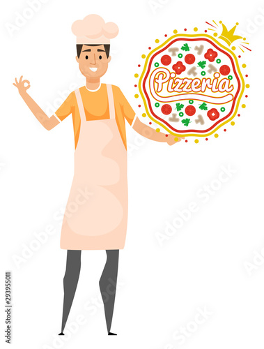 Pizzeria signboard, chef wearing apron, fastfood billboard on white. Portrait view of smiling kitchener holding pizza, tomato and mushroom, cook vector