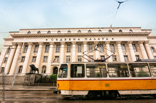 Tram passes in front of the Court House building a Sofia, Bulgaria