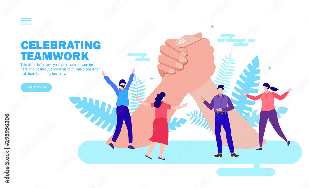Obraz premium people celebrating teamwork and together with big joining hands