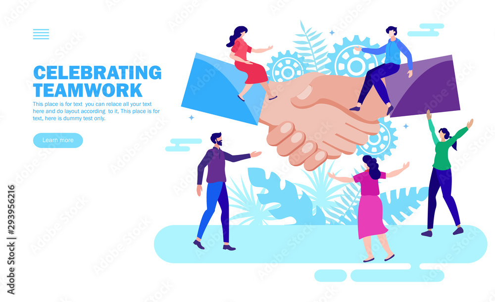 people celebrating teamwork and together with big shake hand, sitting on hand people celebrating teamwork and together with big shake hand, sitting on hand