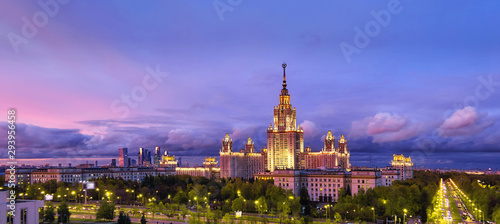 Aerial panoramic view of famous Russian university campus in Moscow under dramatic sunset sky