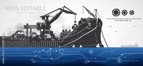 Diesel locomotive with coal, and a crane transferring minerals to a bulk carrier, on the pier.
