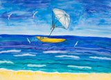 Seascape with white parachute and boat, watercolor painting