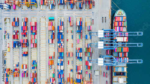 Photography Top view of Deep water port with cargo ship and containers