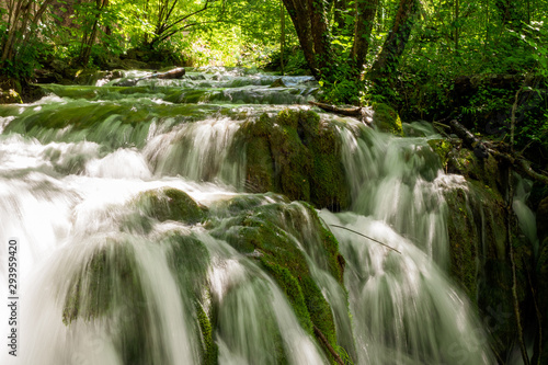 Rushing water cascades down the overgrown natural barriers deep in the dense forest of the Plitvice Lakes National Park, Croatia