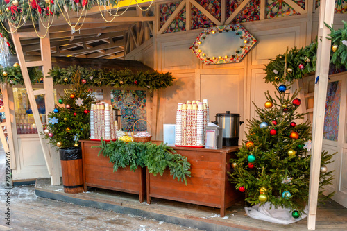 Pavilions offering mulled wine at traditional Christmas market on