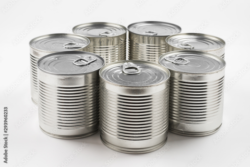 Group of silver canned food on white background. Group of silver canned food on white background.