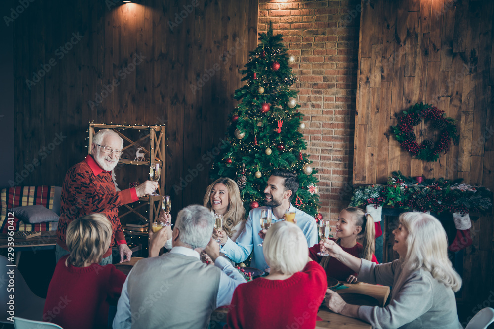 Nice attractive cheery big full family spending winter christmastime day gathering eating brunch granddad saying toast near fir tree in modern industrial loft brick wood style interior decorated house