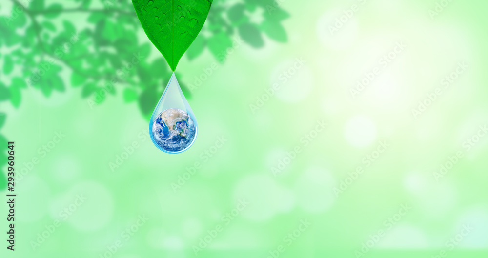 Ecology Concept : Planet earth globe in water drop with green natural in background. (Elements of this image furnished by NASA.) - obrazy, fototapety, plakaty 