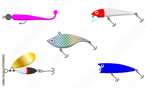 Set of 5 illustrations of fishing lures