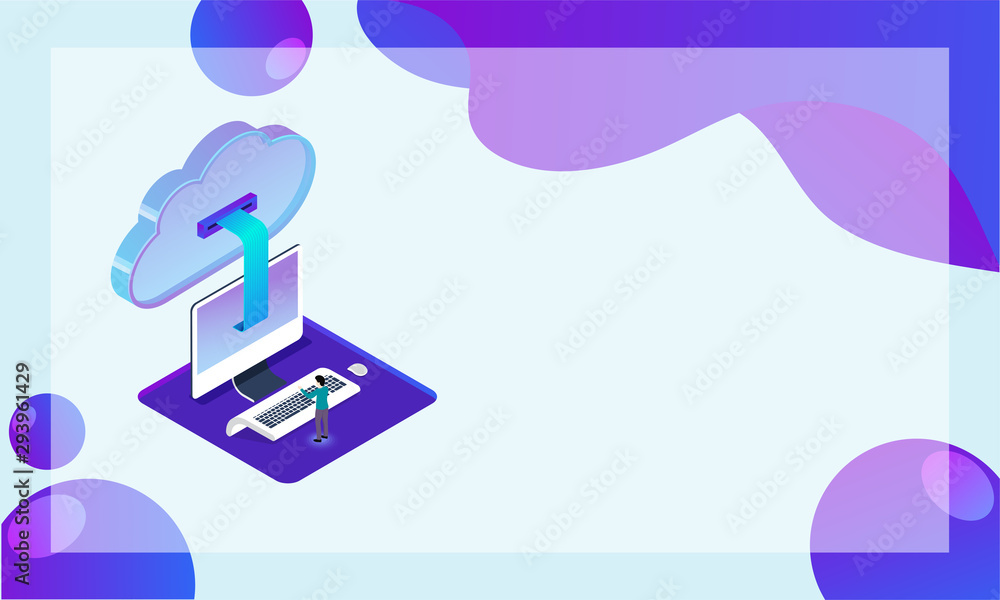 Illustration of man working with desktop connected cloud server on abstract background for data sharing and cloud storage concept.