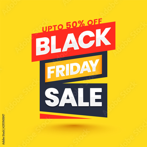 Black Friday Sale tag or label with 50% discount offer on yellow background.