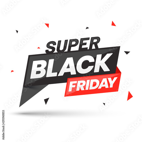 Sale ribbon or banner with Super Black Friday lettering on white background.