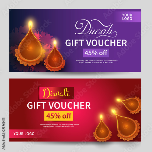 Diwali Gift Voucher with 45% discount offer and illuminated oil lamps on glossy background.