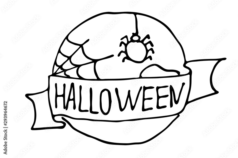 Outline round label with ribbon Halloween around the moon with a spider and cobwebs. Vector illustration hand drawing on a white background isolated for coloring book Outline round label with ribbon Halloween around the moon with a spider and cobwebs. Vector illustration hand drawing on a white background isolated for coloring book