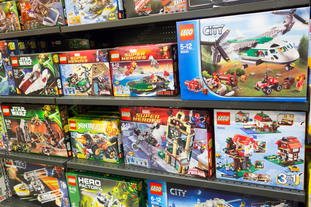 Paphos, Cyprus December 08, 2013 Lego boxes on shelves in supermarket. Here are the famous