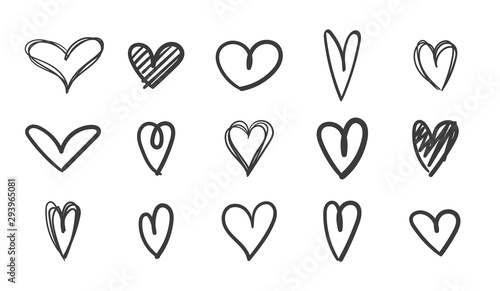 Heand drawn heart icon set. Black heart sketch art on background. Live broadcast of video, chat likes. Love symbol