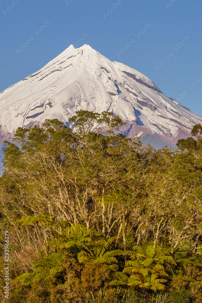 Snow covered Mount Taranaki viewed from Lake Mangamahoe. Also known as Mount Egmont this dormant volcano is located in the Taranaki District of the North Island of New Zealand.