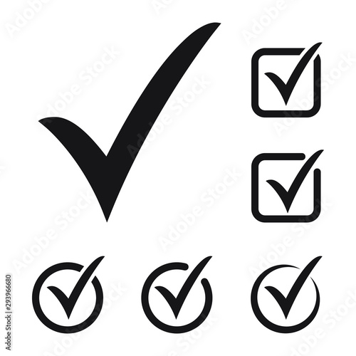 Black tick icon vector symbol, checkmark isolated on white background, checked icon or correct choice sign, check mark or checkbox pictogram