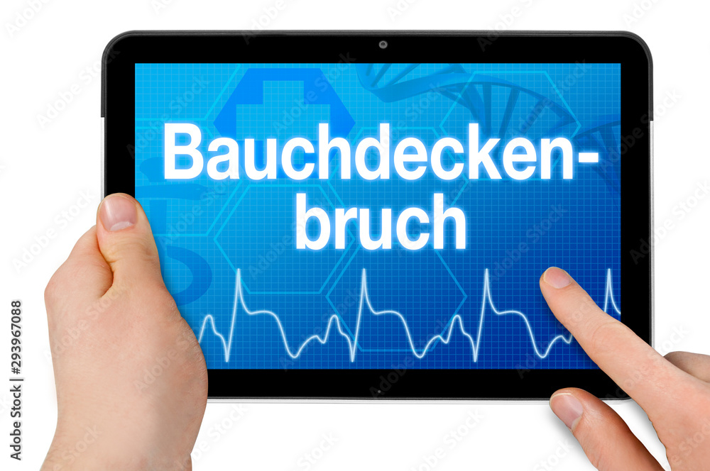 Tablet with medical touchscreen and the german word for abdominal wall hernia - bauchdeckenbruch Tablet with medical touchscreen and the german word for abdominal wall hernia - bauchdeckenbruch