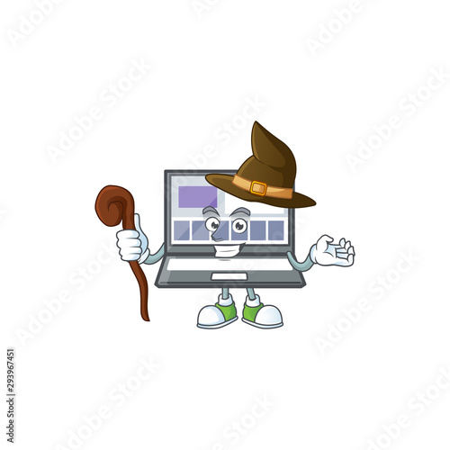 Witch laptop cartoon mascot on white background.