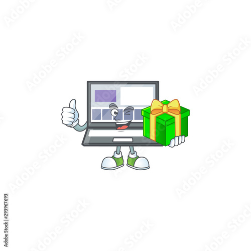 With gift laptop cartoon mascot on white background.