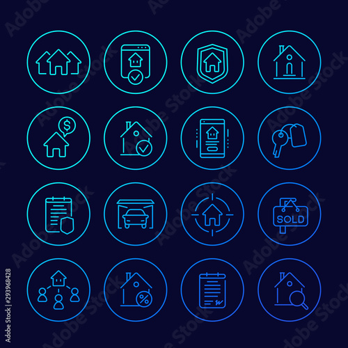 Real estate line icons, houses for rent, sale, mortgage and insurance