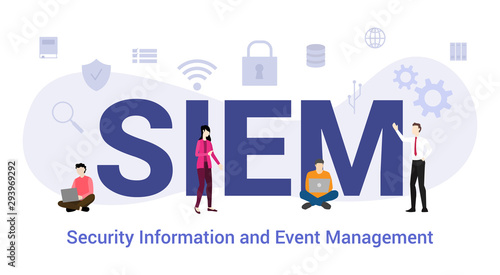 siem security information and event management concept with big word or text and team people with modern flat style - vector photo