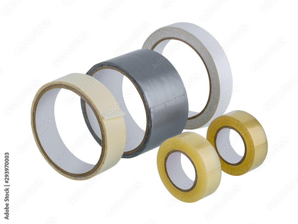 office stationary Roll of Glue tape, masking tape, Double-sided adhesive, Cloth tape and scotch tape isolated on white background office stationary Roll of Glue tape, masking tape, Double-sided adhesive, Cloth tape and scotch tape isolated on white background