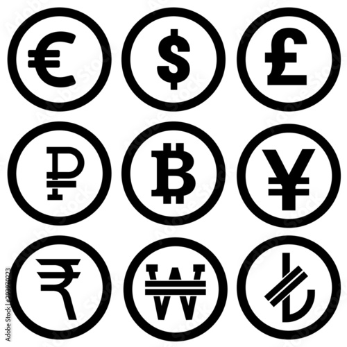 Currency icons. Collection of currency symbols - dollar, euro, pound, rupee, yuan, ruble. Set isolated on white background. Coins icon. Finance symbol. Currency symbol. Transparent background.