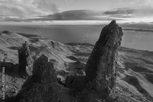 Isle of Skye black and white image with rocks, mountain and seascape © UAV4