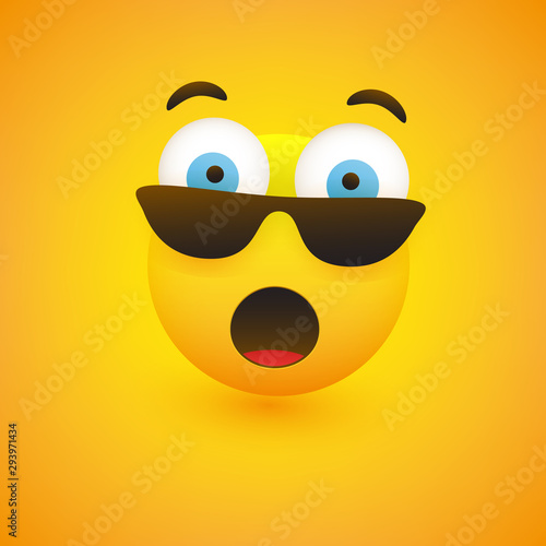 Emoji with Surprised Face, Open Mouth and Eyes with Sunglasses - Simple Emoticon on Yellow Background - Vector Design Illustration