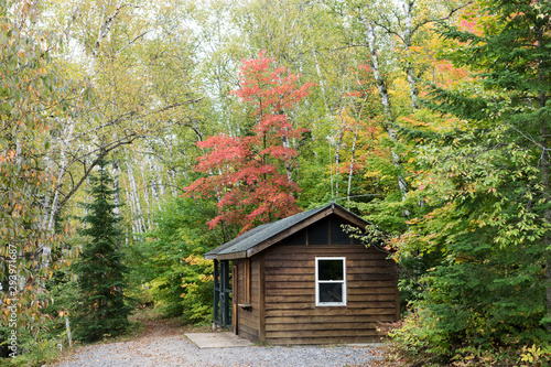 Tableau sur toile Wooden cottage in forest in early autumn. Ontario. Canada