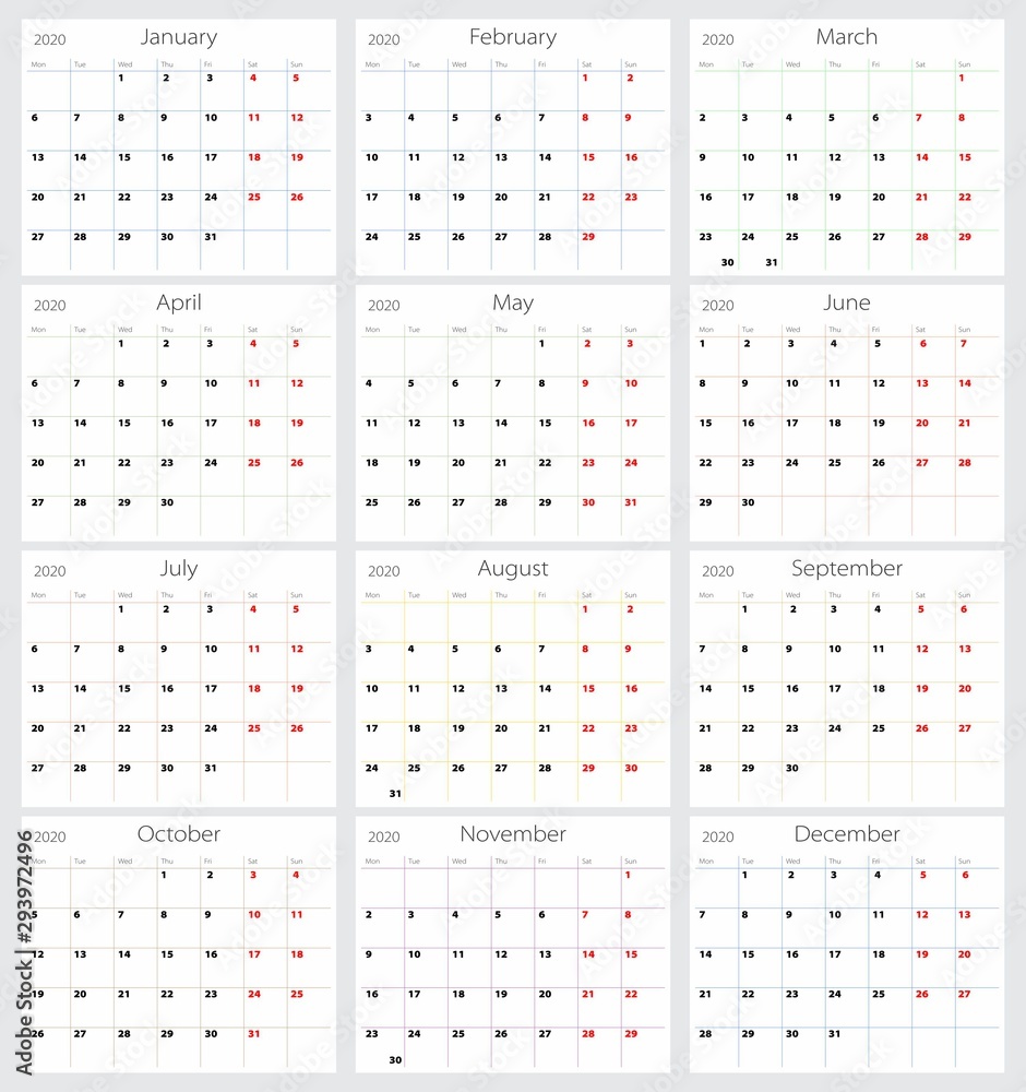 Vector calendar 2020 (English version) Vector calendar 2020 (English version)
