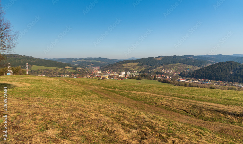 Turzovka town with hilly surrounding in Slovakia during springtime morning