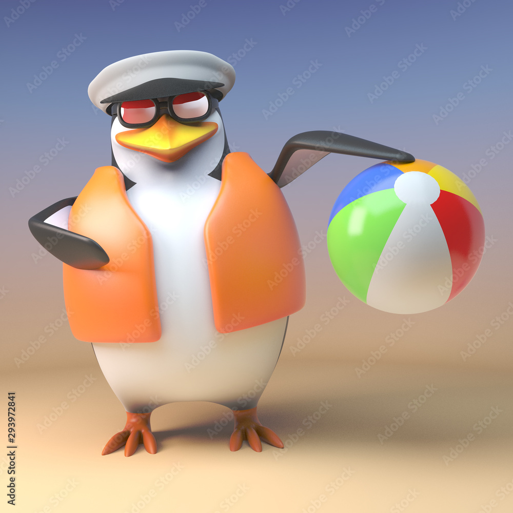 Cartoon 3d penguin sailor captain in lifejacket playing with a