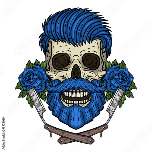 Barber Skull. Hipster skull with barber blade and roses. Illustration for barbershop.