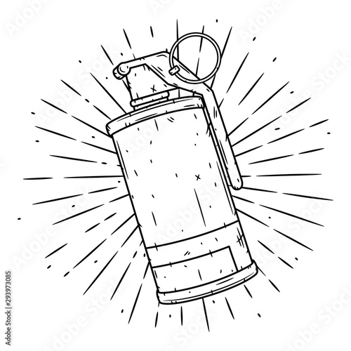 Smoke Grenade. Hand drawn vector illustration with a grenade and divergent rays. Used for poster, banner, web, t-shirt print, bag print, badges, flyer, logo design and more.