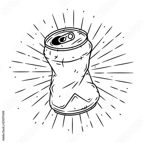 Aluminum can. Hand drawn vector illustration with Aluminum can and divergent rays. Used for poster, banner, web, t-shirt print, bag print, badges, flyer, logo design and more.