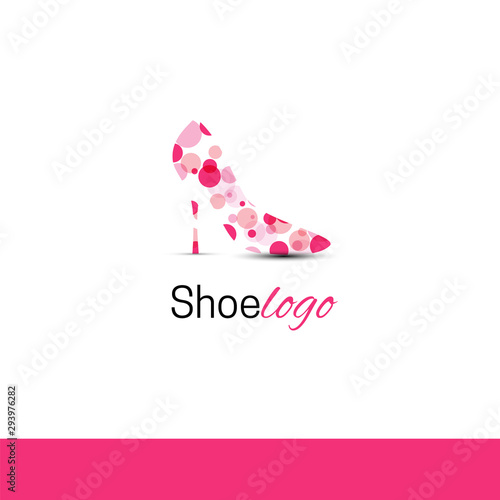 Shoe on a high heel with pink spots. Female shoe. Vector logo design template. Modern design